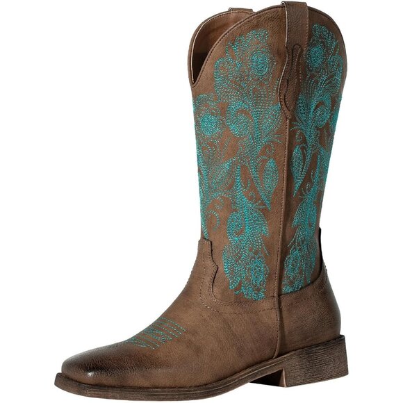 Women Dark-Brown Square Toe Calf High Fashion Western Embroidered Cowgirl Boots - Picture 1 of 9